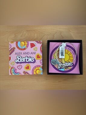 Alex and Ani Silver Charm Bangle with Pink Barbie Box